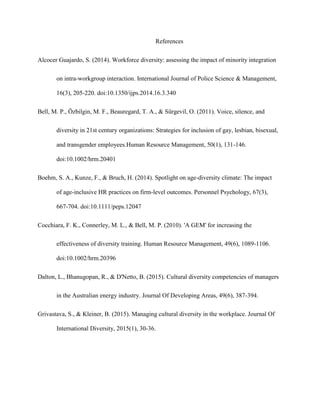 References
Alcocer Guajardo, S. (2014). Workforce diversity: assessing the impact of minority integration
on intra-workgroup interaction. International Journal of Police Science & Management,
16(3), 205-220. doi:10.1350/ijps.2014.16.3.340
Bell, M. P., Özbilgin, M. F., Beauregard, T. A., & Sürgevil, O. (2011). Voice, silence, and
diversity in 21st century organizations: Strategies for inclusion of gay, lesbian, bisexual,
and transgender employees.Human Resource Management, 50(1), 131-146.
doi:10.1002/hrm.20401
Boehm, S. A., Kunze, F., & Bruch, H. (2014). Spotlight on age-diversity climate: The impact
of age-inclusive HR practices on firm-level outcomes. Personnel Psychology, 67(3),
667-704. doi:10.1111/peps.12047
Cocchiara, F. K., Connerley, M. L., & Bell, M. P. (2010). 'A GEM' for increasing the
effectiveness of diversity training. Human Resource Management, 49(6), 1089-1106.
doi:10.1002/hrm.20396
Dalton, L., Bhanugopan, R., & D'Netto, B. (2015). Cultural diversity competencies of managers
in the Australian energy industry. Journal Of Developing Areas, 49(6), 387-394.
Grivastava, S., & Kleiner, B. (2015). Managing cultural diversity in the workplace. Journal Of
International Diversity, 2015(1), 30-36.
 