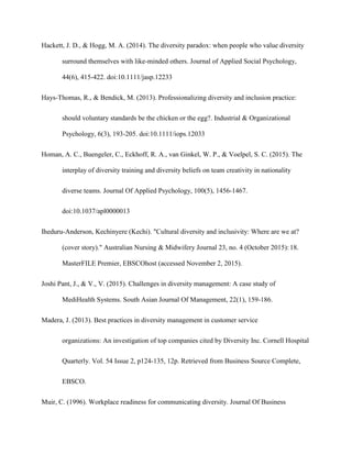 Hackett, J. D., & Hogg, M. A. (2014). The diversity paradox: when people who value diversity
surround themselves with like-minded others. Journal of Applied Social Psychology,
44(6), 415-422. doi:10.1111/jasp.12233
Hays-Thomas, R., & Bendick, M. (2013). Professionalizing diversity and inclusion practice:
should voluntary standards be the chicken or the egg?. Industrial & Organizational
Psychology, 6(3), 193-205. doi:10.1111/iops.12033
Homan, A. C., Buengeler, C., Eckhoff, R. A., van Ginkel, W. P., & Voelpel, S. C. (2015). The
interplay of diversity training and diversity beliefs on team creativity in nationality
diverse teams. Journal Of Applied Psychology, 100(5), 1456-1467.
doi:10.1037/apl0000013
Iheduru-Anderson, Kechinyere (Kechi). "Cultural diversity and inclusivity: Where are we at?
(cover story)." Australian Nursing & Midwifery Journal 23, no. 4 (October 2015): 18.
MasterFILE Premier, EBSCOhost (accessed November 2, 2015).
Joshi Pant, J., & V., V. (2015). Challenges in diversity management: A case study of
MediHealth Systems. South Asian Journal Of Management, 22(1), 159-186.
Madera, J. (2013). Best practices in diversity management in customer service
organizations: An investigation of top companies cited by Diversity Inc. Cornell Hospital
Quarterly. Vol. 54 Issue 2, p124-135, 12p. Retrieved from Business Source Complete,
EBSCO.
Muir, C. (1996). Workplace readiness for communicating diversity. Journal Of Business
 