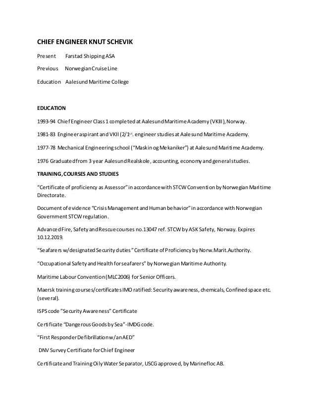 knut schevik chief engineer cv and info chief engineer cv