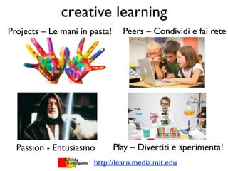 creative learning 
Projects – Le mani in pasta! Peers – Condividi e fai rete 
Passion - Entusiasmo Play – Divertiti e sperimenta! 
http://learn.media.mit.edu 
 