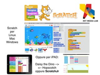 Oppure per iPAD:! 
! 
Daisy the Dino -->! 
<-- Hopscotch! 
oppure ScratchJr 
Scratch! 
per! 
Linux! 
Mac! 
Windows 
 