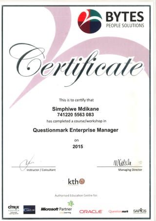 QuestionMark Enterprise Manager Certificate of attendance