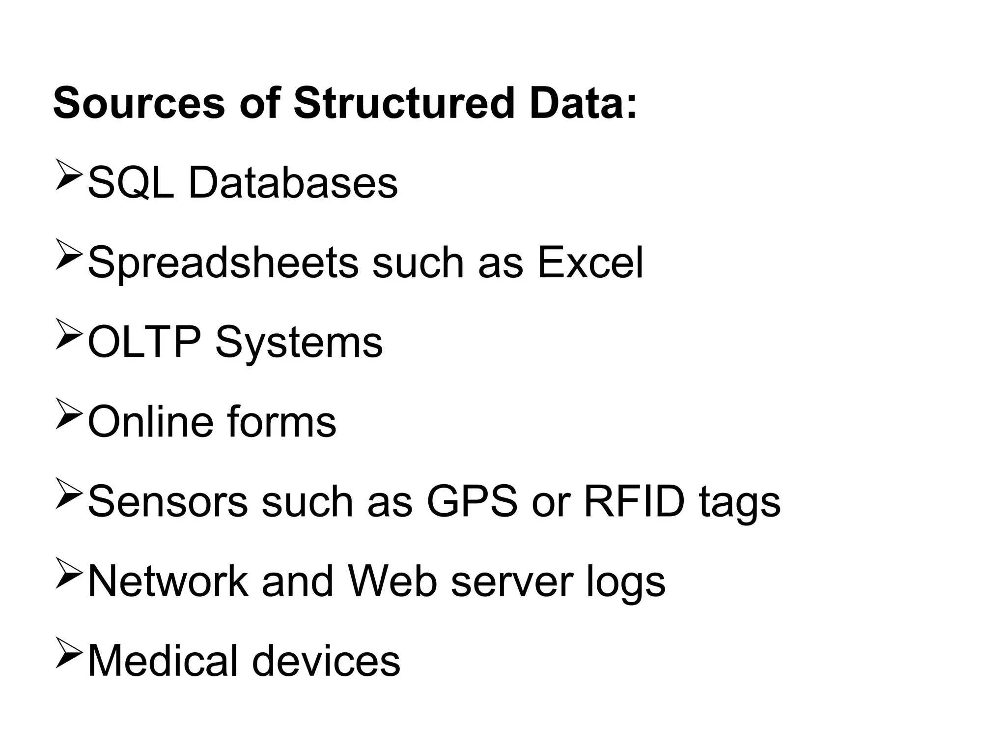 Sources of Structured Data:
SQL Databases
Spreadsheets such as Excel
OLTP Systems
Online forms
Sensors such as GPS or RFID tags
Network and Web server logs
Medical devices
 