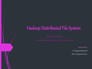 Hadoop Distributed File System
Big Data Analytics
Nadar Saraswathi College of Arts & Science
Submitted By
N. Nagapandiyammal
M.Sc Computer Science
 