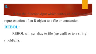 R:
R has the function dput which writes an ASCII text
representation of an R object to a file or connection.
REBOL:
REBOL will serialize to file (save/all) or to a string!
(mold/all).
 