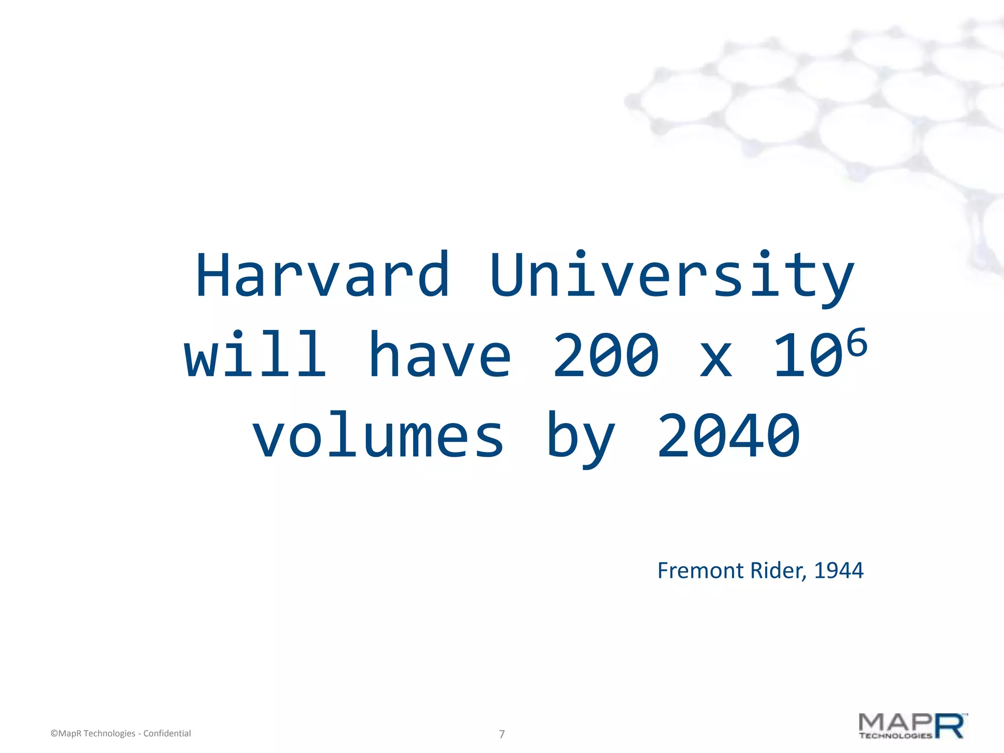Harvard University
                               will have 200 x 106

                                 volumes by 2040
                                            Fremont Rider, 1944




©MapR Technologies - Confidential      7
 