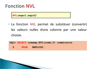 NVL(expr1,expr2)
 La fonction NVL permet de substituer (convertir)
les valeurs nulles d’une colonne par une valeur
choisie.
SQL> SELECT nomemp,NVL(comm,0) commission
2 FROM EMPLOYE;
 