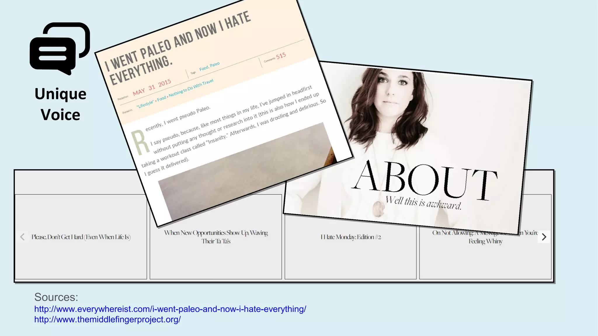 Sources:
http://www.everywhereist.com/i-went-paleo-and-now-i-hate-everything/
http://www.themiddlefingerproject.org/
Unique
Voice
 