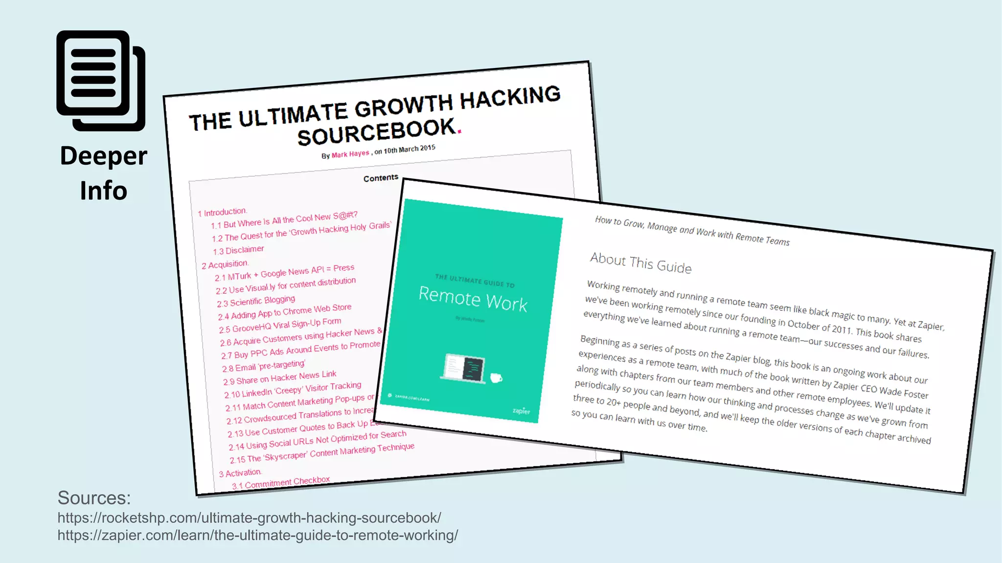 Sources:
https://rocketshp.com/ultimate-growth-hacking-sourcebook/
https://zapier.com/learn/the-ultimate-guide-to-remote-working/
Deeper
Info
 