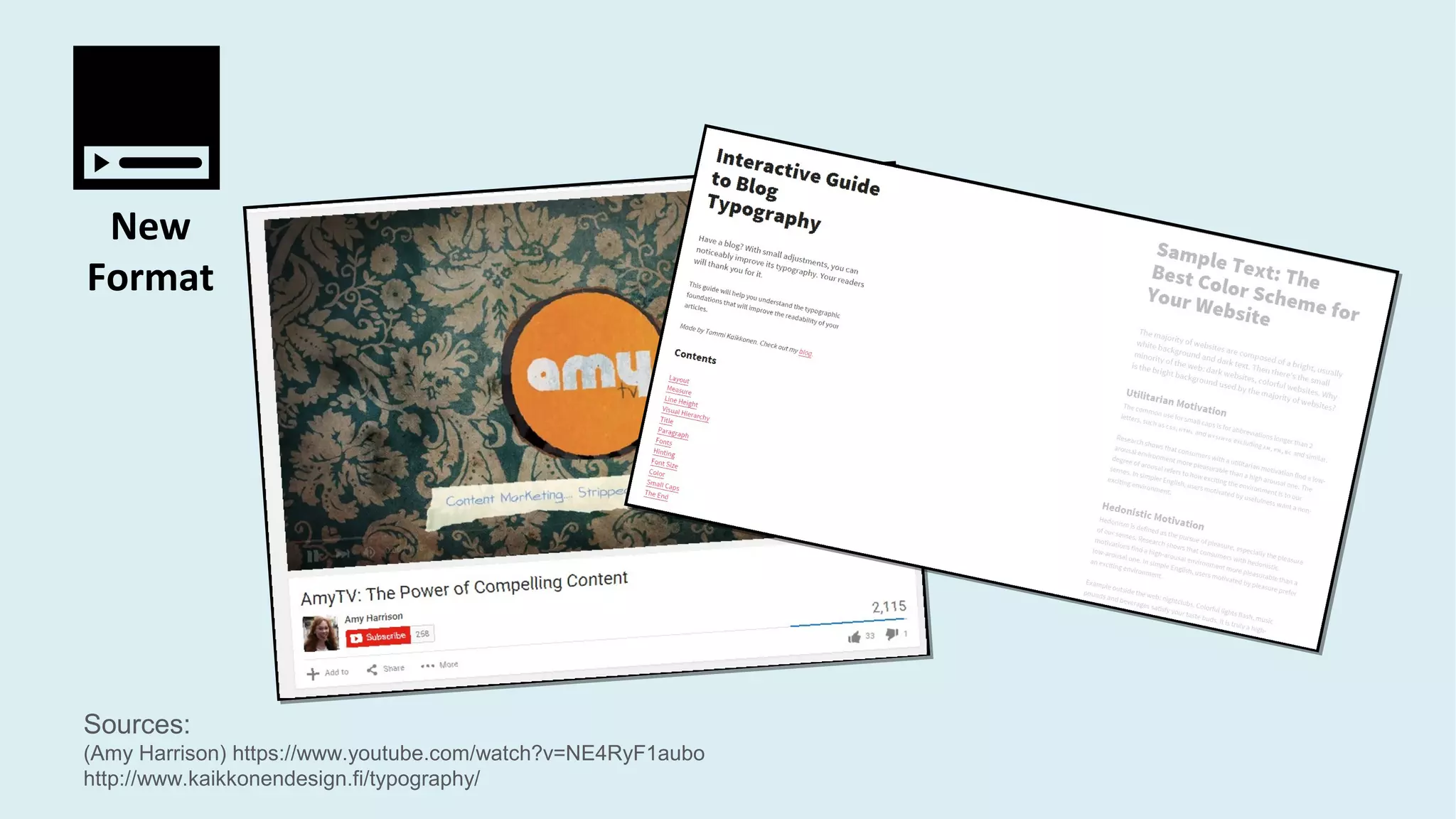 Sources:
(Amy Harrison) https://www.youtube.com/watch?v=NE4RyF1aubo
http://www.kaikkonendesign.fi/typography/
New
Format
 
