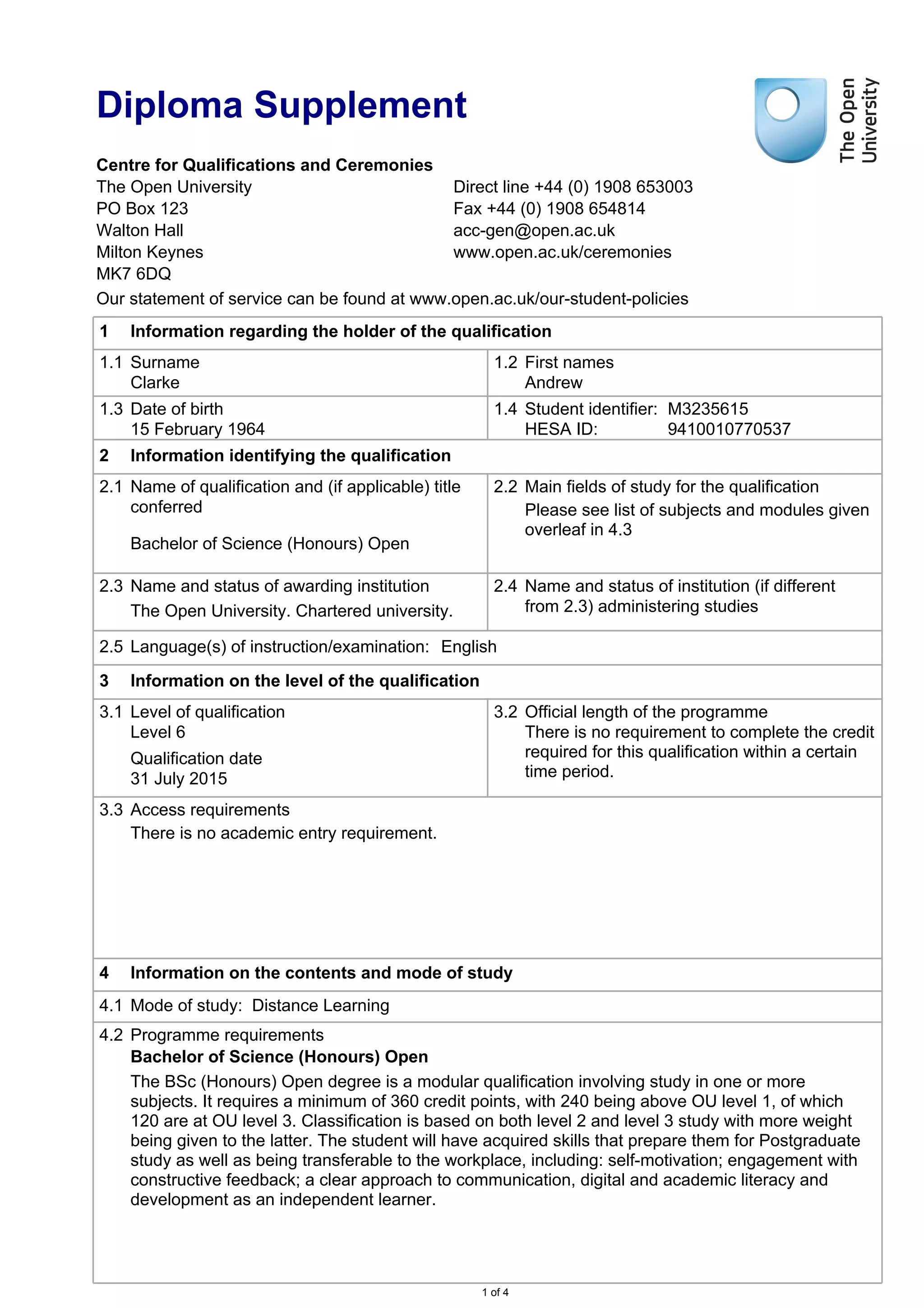andrewclarkeOUDiplomaSupplement | PDF