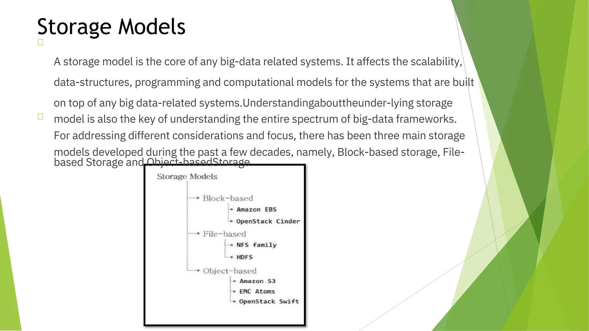 Storage Models


A storage model is the core of any big-data related systems. It affects the scalability,
data-structures, programming and computational models for the systems that are built
on top of any big data-related systems.Understandingabouttheunder-lying storage
model is also the key of understanding the entire spectrum of big-data frameworks.
For addressing different considerations and focus, there has been three main storage
models developed during the past a few decades, namely, Block-based storage, File-
based Storage and Object-basedStorage.
 