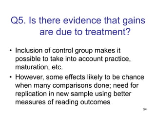 54
Q5. Is there evidence that gains
are due to treatment?
• Inclusion of control group makes it
possible to take into account practice,
maturation, etc.
• However, some effects likely to be chance
when many comparisons done; need for
replication in new sample using better
measures of reading outcomes
 