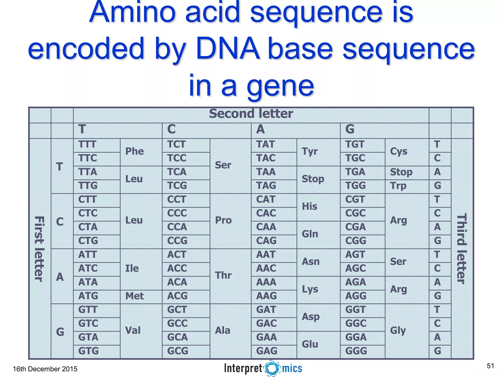 16th December 2015
Amino acid sequence is
encoded by DNA base sequence
in a gene
Thirdletter
G
A
C
T
G
A
C
T
G
A
C
T
G
A
C
T
Gly
Arg
Ser
Arg
Trp
Stop
Cys
GACT
GGGGAGGCGGTG
GGA
Glu
GAAGCAGTA
GGCGACGCCGTC
GGT
Asp
GAT
Ala
GCT
Val
GTT
G
AGGAAGACGMetATG
AGA
Lys
AAAACAATA
AGCAACACCATC
AGT
Asn
AAT
Thr
ACT
Ile
ATT
A
CGGCAGCCGCTG
CGA
Gln
CAACCACTA
CGCCACCCCCTC
CGT
His
CAT
Pro
CCT
Leu
CTT
C
TGGTAGTCGTTG
TGA
Stop
TAATCA
Leu
TTA
TGCTACTCCTTC
TGT
Tyr
TAT
Ser
TCT
Phe
TTT
T
Firstletter
Second letter
51
 