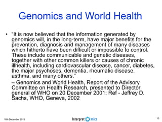 16th December 2015
Genomics and World Health
• “It is now believed that the information generated by
genomics will, in the long-term, have major benefits for the
prevention, diagnosis and management of many diseases
which hitherto have been difficult or impossible to control.
These include communicable and genetic diseases,
together with other common killers or causes of chronic
illhealth, including cardiovascular disease, cancer, diabetes,
the major psychoses, dementia, rheumatic disease,
asthma, and many others.”
– Genomics and World Health, Report of the Advisory
Committee on Health Research, presented to Director
general of WHO on 20 December 2001; Ref - Jeffrey D.
Sachs, WHO, Geneva, 2002
10
 