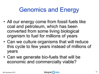 16th December 2015
Genomics and Energy
• All our energy come from fossil fuels like
coal and petroleum, which has been
converted from some living biological
organism to fuel for millions of years
• Can we culture organisms that will reduce
this cycle to few years instead of millions of
years
• Can we generate bio-fuels that will be
economic and commercially viable?
12
 