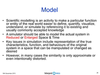 16th December 2015
Model
• Scientific modelling is an activity to make a particular function
or entity of the real world easier to define, quantify, visualize,
understand, or simulate by referencing it to existing and
usually commonly accepted knowledge
• A simulator should be able to model the actual system in
Reduced or Enlarged Space & Time
• Key issues in simulation include representation of the true
characteristics, function, and behaviours of the original
system in a space that can be manipulated or changed as
desired
• However, in many cases the similarity is only approximate or
even intentionally distorted.
26
 