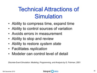 16th December 2015
Technical Attractions of
Simulation
• Ability to compress time, expand time
• Ability to control sources of variation
• Avoids errors in measurement
• Ability to stop and review
• Ability to restore system state
• Facilitates replication
• Modeler can control level of detail
Discrete-Event Simulation: Modeling, Programming, and Analysis by G. Fishman, 2001
30
 