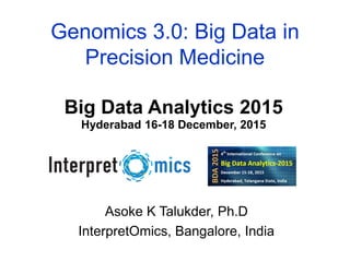 16th December 2015
Genomics 3.0: Big Data in
Precision Medicine
Asoke K Talukder, Ph.D
InterpretOmics, Bangalore, India
17th December 2009
Big Data Analytics 2015
Hyderabad 16-18 December, 2015
 
