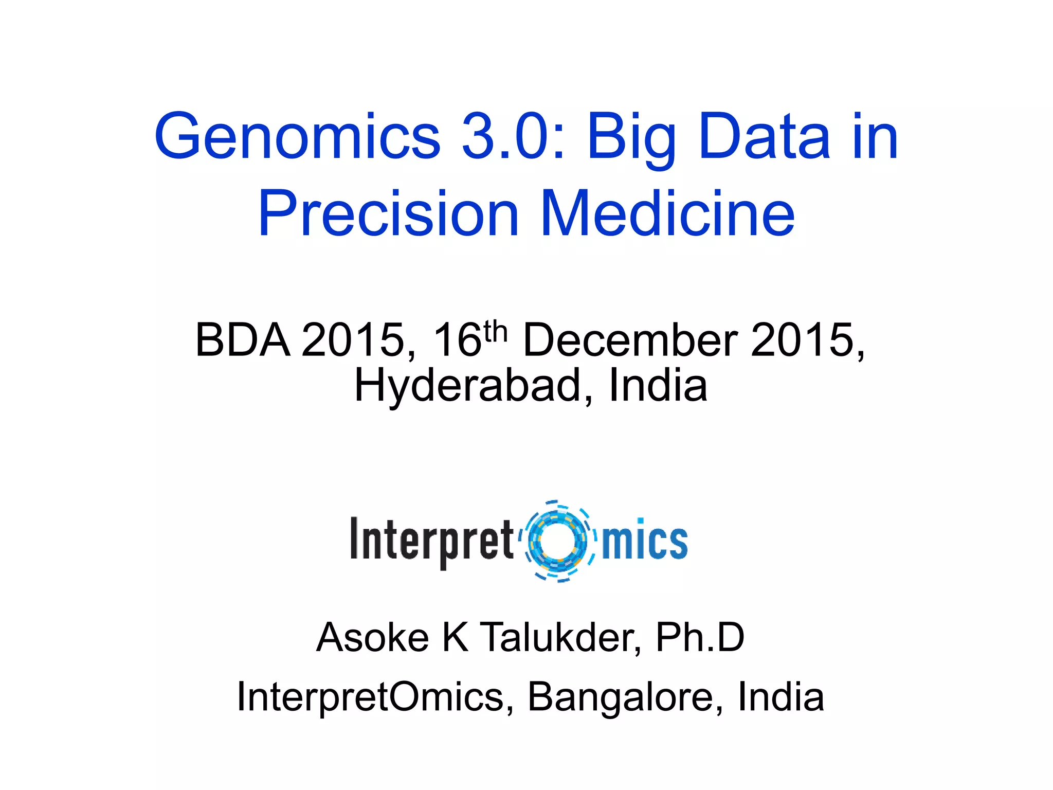16th December 2015 Genomics 3.0: Big Data in Precision Medicine Asoke K Talukder, Ph.D InterpretOmics, Bangalore, India BDA 2015, 16th December 2015, Hyderabad, India 17th December 2009 