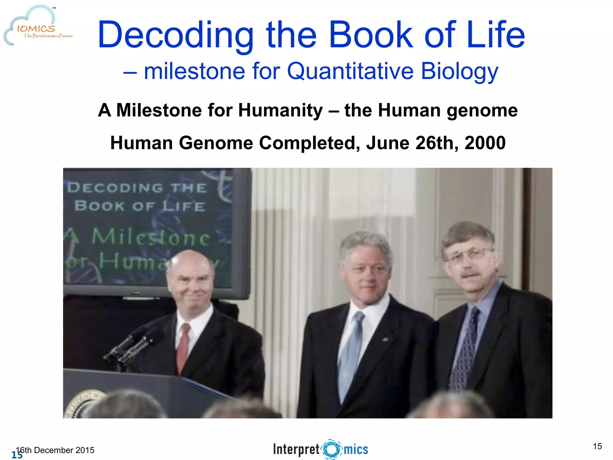 16th December 2015 Decoding the Book of Life – milestone for Quantitative Biology A Milestone for Humanity – the Human genome Human Genome Completed, June 26th, 2000 15 Francis CollinsBill ClintonJ Craig Ventor 15 