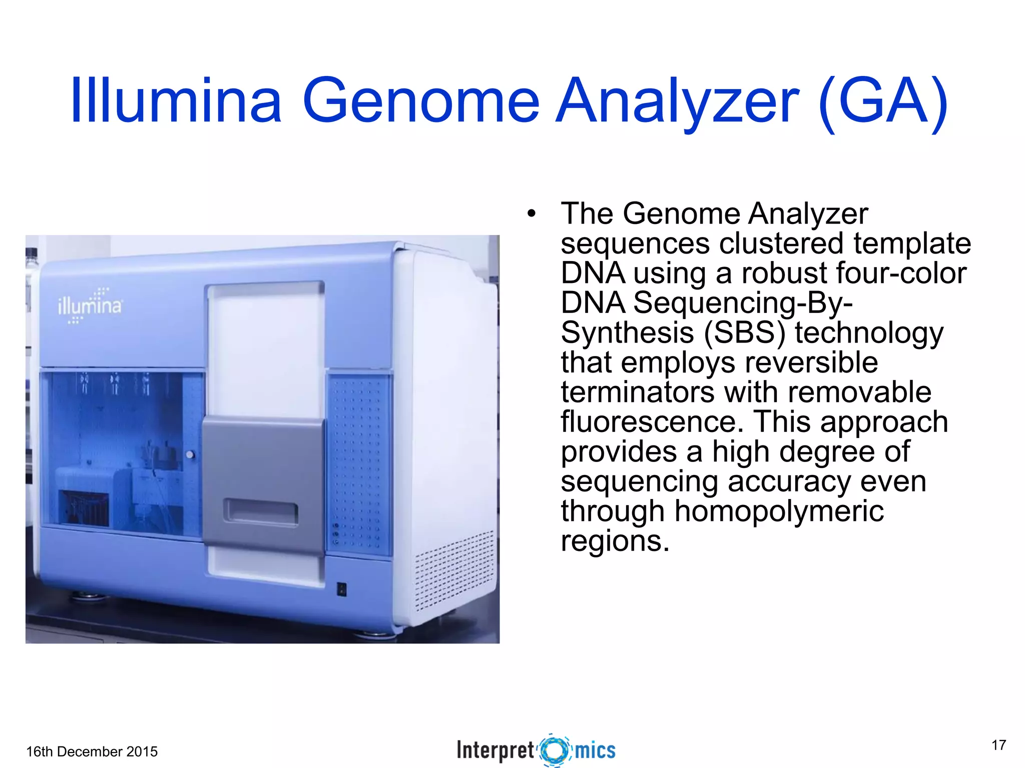 16th December 2015 Asoke Talukder Illumina Genome Analyzer (GA) • The Genome Analyzer sequences clustered template DNA using a robust four-color DNA Sequencing-By- Synthesis (SBS) technology that employs reversible terminators with removable fluorescence. This approach provides a high degree of sequencing accuracy even through homopolymeric regions. 17 