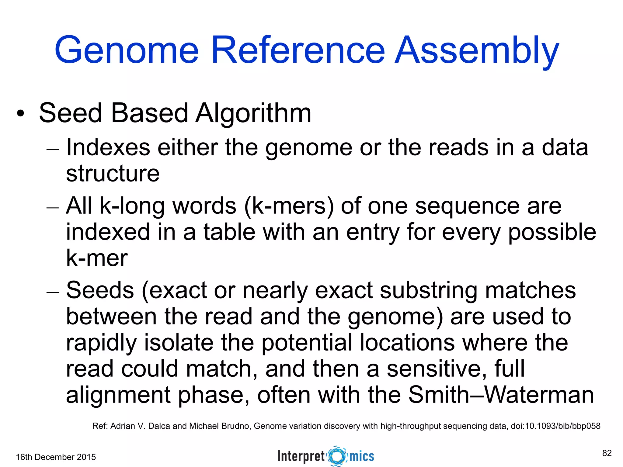 16th December 2015 Genome Reference Assembly • Seed Based Algorithm – Indexes either the genome or the reads in a data structure – All k-long words (k-mers) of one sequence are indexed in a table with an entry for every possible k-mer – Seeds (exact or nearly exact substring matches between the read and the genome) are used to rapidly isolate the potential locations where the read could match, and then a sensitive, full alignment phase, often with the Smith–Waterman Ref: Adrian V. Dalca and Michael Brudno, Genome variation discovery with high-throughput sequencing data, doi:10.1093/bib/bbp058 82 