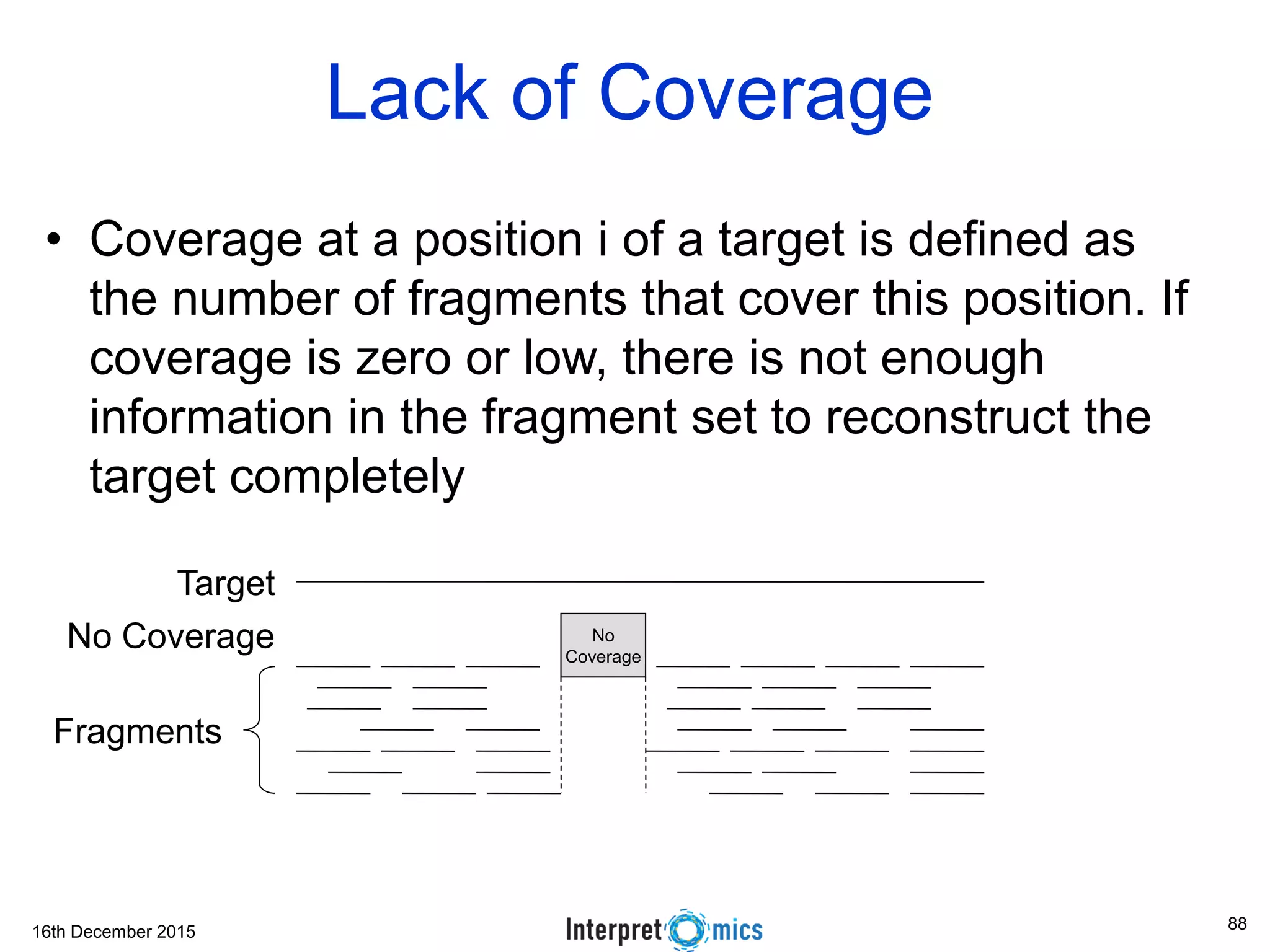 16th December 2015 Lack of Coverage • Coverage at a position i of a target is defined as the number of fragments that cover this position. If coverage is zero or low, there is not enough information in the fragment set to reconstruct the target completely No Coverage Target Fragments No Coverage 88 