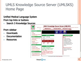 UMLS Knowledge Source Server (UMLSKS)
Home Page
Unified Medical Language System
From top links or buttons
 Search 3 Knowledge Sources
From sidebar
 Downloads
 Documentation
 Resources
16 December, 2015 42
 