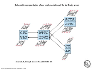Schematic representation of our implementation of the de Bruijn graph
Zerbino D. R., Birney E. Genome Res.;2008;18:821-829
©2008 by Cold Spring Harbor Laboratory Press
 