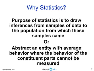 16th December 2015
Why Statistics?
Purpose of statistics is to draw
inferences from samples of data to
the population from which these
samples came
Or
Abstract an entity with average
behavior where the behavior of the
constituent parts cannot be
measured
53
 