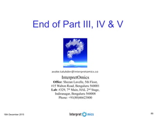 16th December 2015
End of Part III, IV & V
InterpretOmics
Office: Shezan Lavelle, 5th Floor,
#15 Walton Road, Bengaluru 560001
Lab: #329, 7th Main, HAL 2nd Stage,
Indiranagar, Bengaluru 560008
Phone: +91(80)46623800
89
 