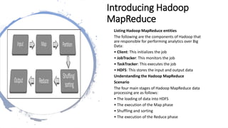 Introducing Hadoop
MapReduce
Listing Hadoop MapReduce entities
The following are the components of Hadoop that
are responsible for performing analytics over Big
Data:
• Client: This initializes the job
• JobTracker: This monitors the job
• TaskTracker: This executes the job
• HDFS: This stores the input and output data
Understanding the Hadoop MapReduce
Scenario
The four main stages of Hadoop MapReduce data
processing are as follows:
• The loading of data into HDFS
• The execution of the Map phase
• Shuffling and sorting
• The execution of the Reduce phase
 