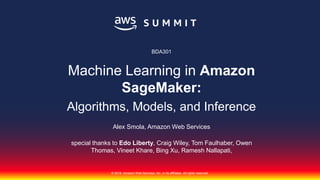 © 2018, Amazon Web Services, Inc. or its affiliates. All rights reserved.
Alex Smola, Amazon Web Services
special thanks to Edo Liberty, Craig Wiley, Tom Faulhaber, Owen
Thomas, Vineet Khare, Bing Xu, Ramesh Nallapati,
BDA301
Machine Learning in Amazon
SageMaker:
Algorithms, Models, and Inference
 