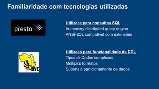 Familiaridade com tecnologias utilizadas
Utilizada para consultas SQL
In-memory distributed query engine
ANSI-SQL compatível com extensões
Utilizado para funcionalidade de DDL
Tipos de Dados complexos
Múltiplos formatos
Suporte a particionamento de dados
 