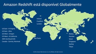 © 2018, Amazon Web Services, Inc. or its affiliates. All rights reserved.
Amazon Redshift está disponível Globalmente
Ireland
Frankfurt
London
Beijing
Mumbai
Seoul
Singapore
Sydney
Tokyo
Sao Paulo
US East – N Virginia
US East – Ohio
US West – Oregon
US West – N California
AWS GovCloud (US)
Canada – Central, Montreal
 