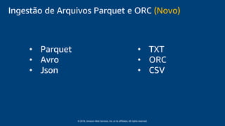 © 2018, Amazon Web Services, Inc. or its affiliates. All rights reserved.
Ingestão de Arquivos Parquet e ORC (Novo)
• Parquet
• Avro
• Json
• TXT
• ORC
• CSV
 