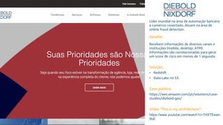 © 2018, Amazon Web Services, Inc. or its Affiliates. All rights reserved.
Líder mundial na área de automação bancária
e comércio conectado. Atuam na área de
online fraud detection.
Desafio:
Recebem informações de diversos canais e
instituções (mobile, desktop, ATM).
Informações são correlacionadas para gerar
um score de risco em menos de 1 segundo.
Solução:
• Redshift
• Data Lake no S3.
Caso público:
https://aws.amazon.com/pt/solutions/case-
studies/diebold-gas/
Vídeo “This is my architecture”:
https://www.youtube.com/watch?v=7HXTEewn
5bE
 