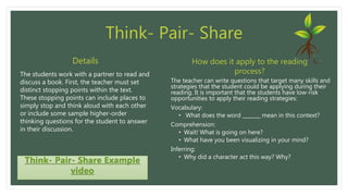 Think- Pair- Share
The students work with a partner to read and
discuss a book. First, the teacher must set
distinct stopping points within the text.
These stopping points can include places to
simply stop and think aloud with each other
or include some sample higher-order
thinking questions for the student to answer
in their discussion.
The teacher can write questions that target many skills and
strategies that the student could be applying during their
reading. It is important that the students have low-risk
opportunities to apply their reading strategies:
Vocabulary:
• What does the word _______ mean in this context?
Comprehension:
• Wait! What is going on here?
• What have you been visualizing in your mind?
Inferring:
• Why did a character act this way? Why?
Details How does it apply to the reading
process?
Think- Pair- Share Example
video
 