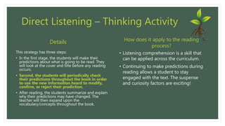 Direct Listening – Thinking Activity
This strategy has three steps:
• In the first stage, the students will make their
predictions about what is going to be read. They
will look at the cover and title before any reading
occurs.
• Second, the students will periodically check
their predictions throughout the book in order
to use the new information heard to modify,
confirm, or reject their prediction.
• After reading, the students summarize and explain
why their predictions may have changed. The
teacher will then expand upon the
vocabulary/concepts throughout the book.
• Listening comprehension is a skill that
can be applied across the curriculum.
• Continuing to make predictions during
reading allows a student to stay
engaged with the text. The suspense
and curiosity factors are exciting!
Details How does it apply to the reading
process?
 