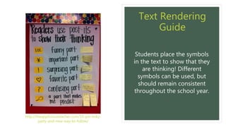 Text Rendering
Guide
Students place the symbols
in the text to show that they
are thinking! Different
symbols can be used, but
should remain consistent
throughout the school year.
http://theappliciousteacher.com/10-pin-linky-
party-and-new-way-to-follow/
 