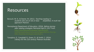 Resources
Bursuck, W. D., & Damer, M. (2011). Teaching reading to
students who are at risk or have disabilities: A multi-tier
approach. Pearson.
Pennsylvania Department of Education. (2016). Before-during-
after reading strategies. Retrieved April 4, 2017 from
http://www.education.pa.gov/Teachers%20-
%20Administrators/Curriculum/Pages/Before-During-
After-Reading-Strategies.aspx#tab-1
Tompkins, G., Campbell, R., Green, D., & Smith, C. (2014).
Literacy for the 21st century. Pearson Australia.
 