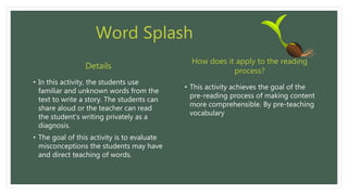 Word Splash
Details
• In this activity, the students use
familiar and unknown words from the
text to write a story. The students can
share aloud or the teacher can read
the student’s writing privately as a
diagnosis.
• The goal of this activity is to evaluate
misconceptions the students may have
and direct teaching of words.
How does it apply to the reading
process?
• This activity achieves the goal of the
pre-reading process of making content
more comprehensible. By pre-teaching
vocabulary
 