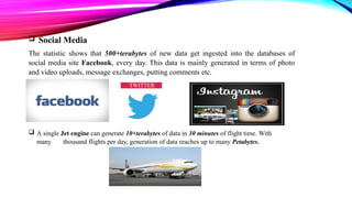 Social Media
The statistic shows that 500+terabytes of new data get ingested into the databases of
social media site Facebook, every day. This data is mainly generated in terms of photo
and video uploads, message exchanges, putting comments etc.
 A single Jet engine can generate 10+terabytes of data in 30 minutes of flight time. With
many thousand flights per day, generation of data reaches up to many Petabytes.
TWITTER
 