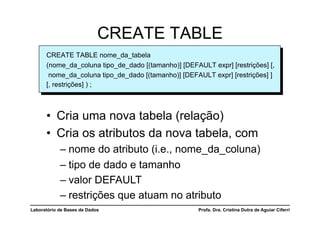 CREATE TABLE
      CREATE TABLE nome_da_tabela
      (nome_da_coluna tipo_de_dado [(tamanho)] [DEFAULT expr] [restrições] [,
       nome_da_coluna tipo_de_dado [(tamanho)] [DEFAULT expr] [restrições] ]
      [, restrições] ) ;



      •  Cria uma nova tabela (relação)
      •  Cria os atributos da nova tabela, com
            –  nome do atributo (i.e., nome_da_coluna)
            –  tipo de dado e tamanho
            –  valor DEFAULT
            –  restrições que atuam no atributo
Laboratório de Bases de Dados                        Profa. Dra. Cristina Dutra de Aguiar Ciferri
 