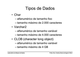 Tipos de Dados
      •  Char
            –  alfanumérico de tamanho fixo
            –  tamanho máximo de 2.000 caracteres
      •  Varchar2
            –  alfanumérico de tamanho variável
            –  tamanho máximo de 4.000 caracteres
      •  CLOB (character long object)
            –  alfanumérico de tamanho variável
            –  tamanho máximo de 4 GB

Laboratório de Bases de Dados              Profa. Dra. Cristina Dutra de Aguiar Ciferri
 
