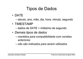 Tipos de Dados
      •  DATE
            –  século, ano, mês, dia, hora, minuto, segundo
      •  TIMESTAMP
            –  dados de DATE + milésimo de segundo
      •  Demais tipos de dados
            –  mantidos para compatibilidade com versões
               anteriores
            –  não são indicados para serem utilizados


Laboratório de Bases de Dados              Profa. Dra. Cristina Dutra de Aguiar Ciferri
 