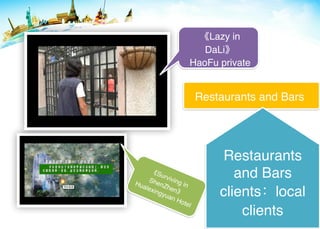 Restaurants and Bars
Restaurants
and Bars
clients local
clients
Lazy in
DaLi
HaoFu private
restautant
Surviving in
ShenZhen
Hualexingyuan Hotel
 