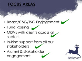 FOCUS AREAS



• Board/CSG/TSG Engagement
• Fund Raising
• MDVs with clients across all
  sectors
• In-kind support from all our
  stakeholders
• Alumni & stakeholder
  engagement
 