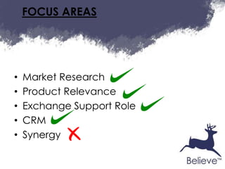 FOCUS AREAS




•   Market Research
•   Product Relevance
•   Exchange Support Role
•   CRM
•   Synergy
 